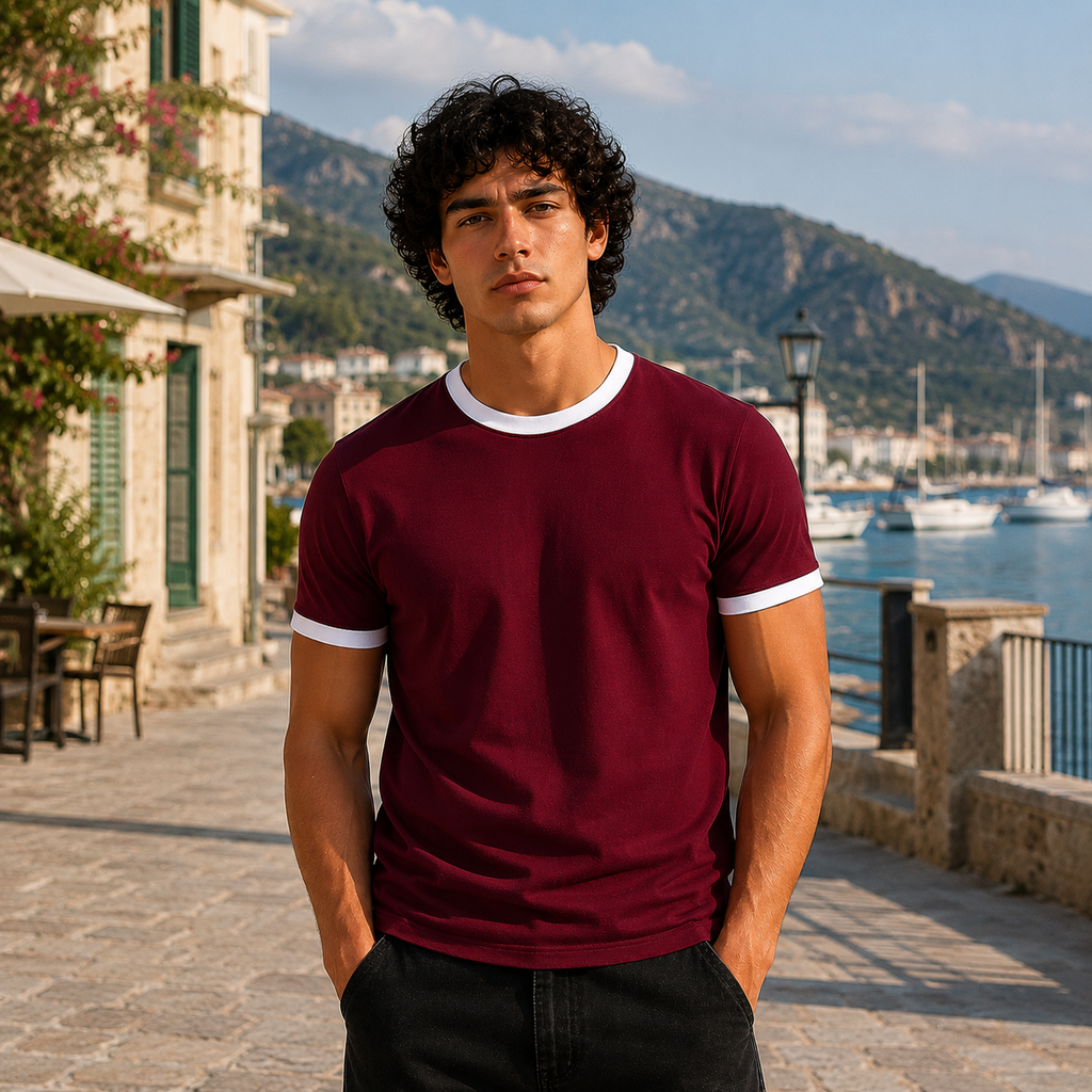 Burgundy Ringer Tee -White