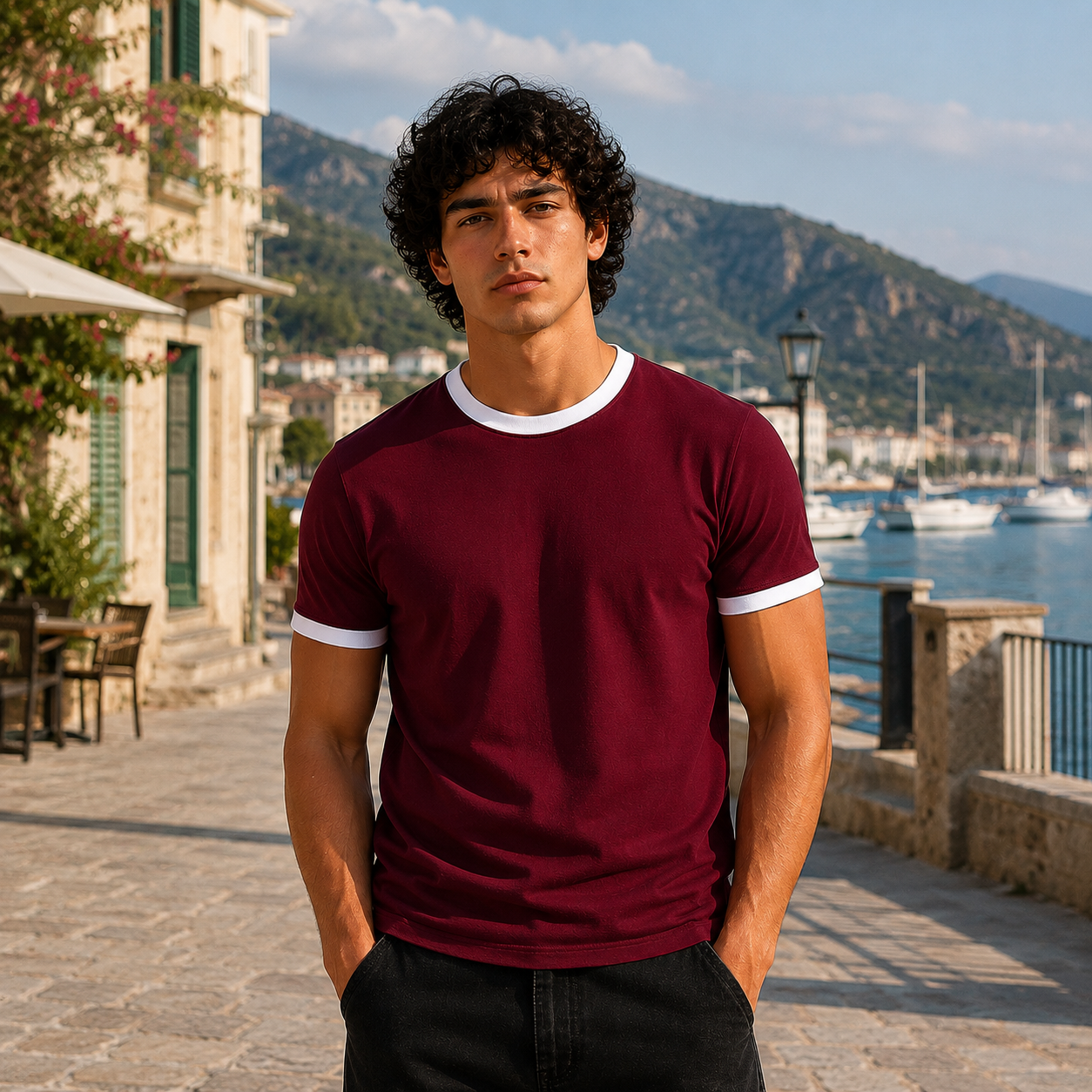 Burgundy Ringer Tee -White