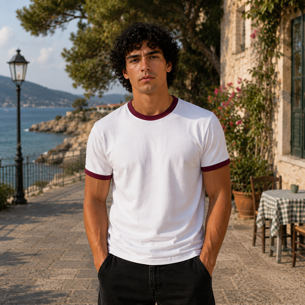 White Ringer Tee -Burgundy