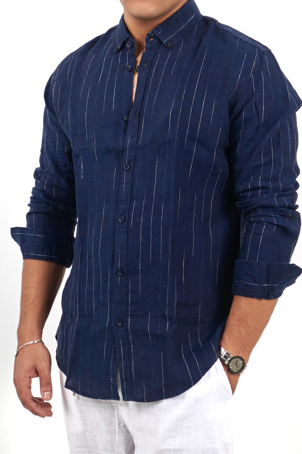 Navy Blue Striped White Linen Shirt