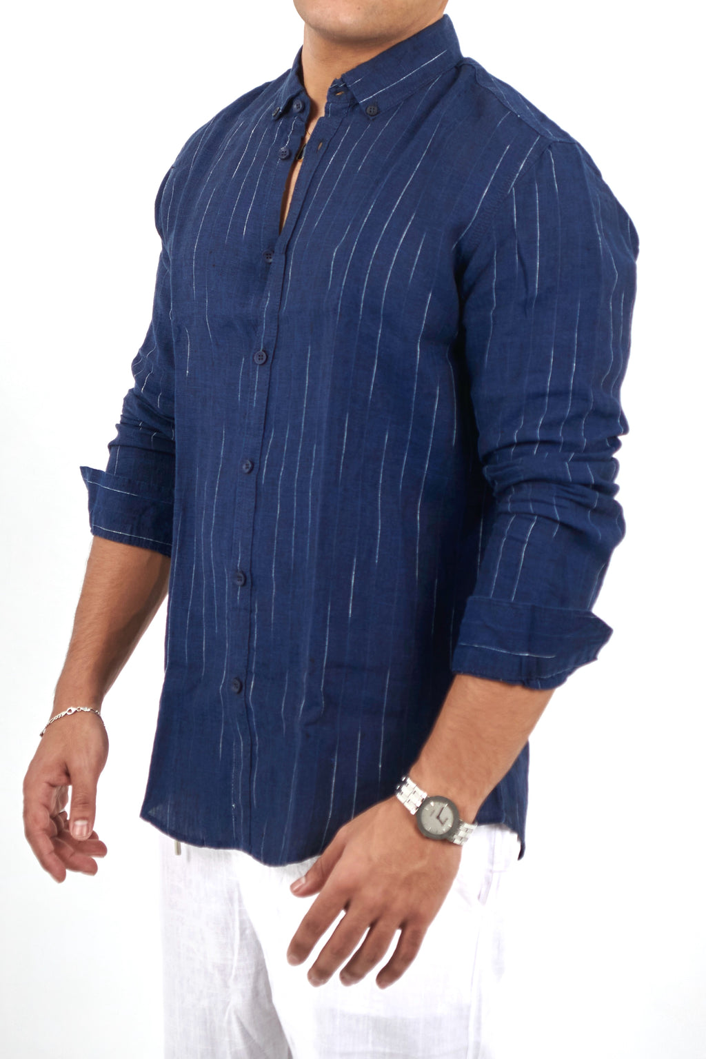 Navy Blue Striped White Linen Shirt