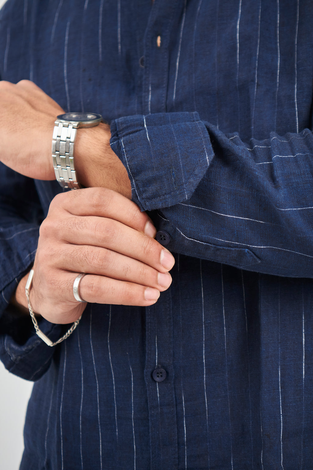 Navy Blue Striped White Linen Shirt